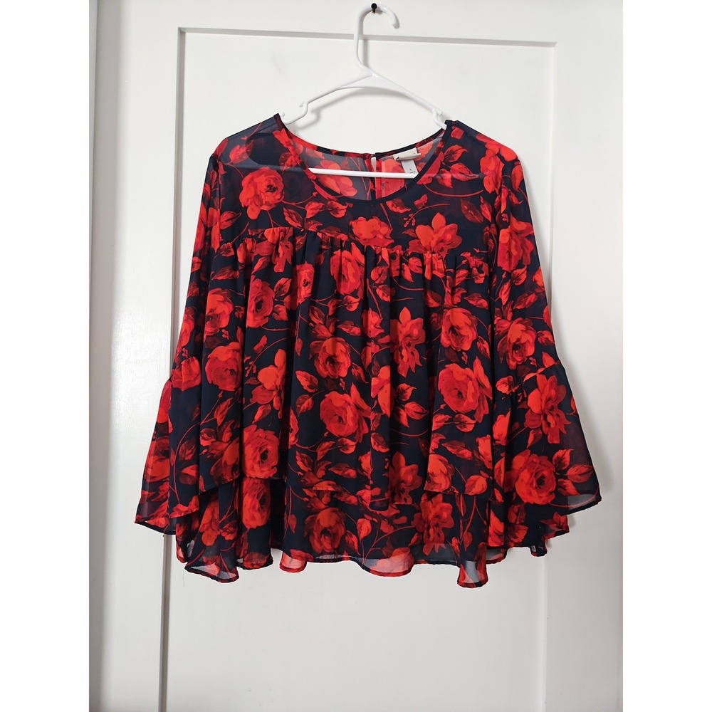 A New Day Boho Red Rose Tiered Floral Blouse w/ Flare Bell Sleeves Large